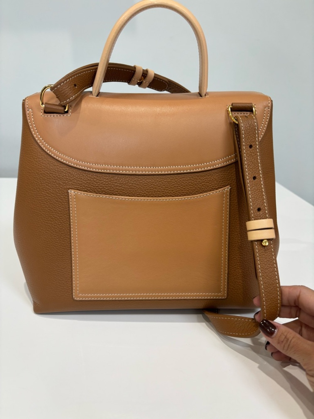 Polène Numéro Un Trio Carmel Structured Leather Bag Tan Top Handle Crossbody EUC - Picture 5 of 11